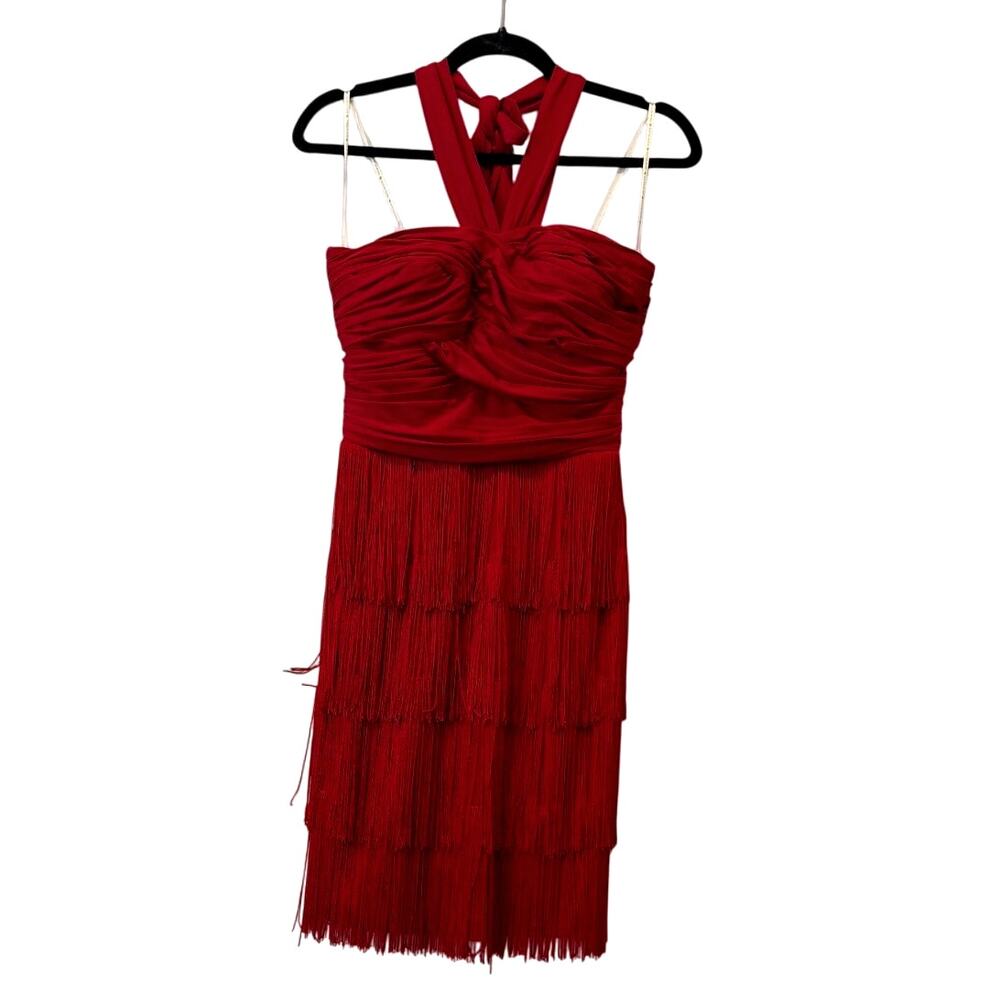 Boston Proper Women's Red Fringe Neck Scarf Tie Sleeveless Dress Size 2